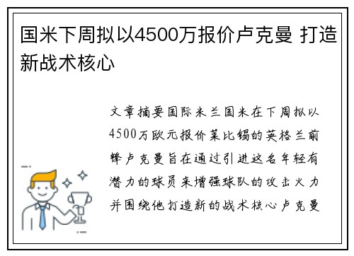 国米下周拟以4500万报价卢克曼 打造新战术核心