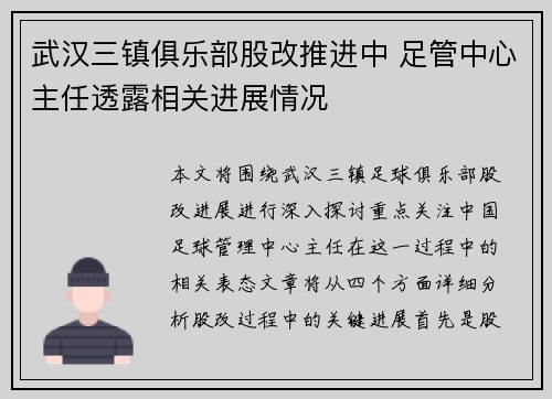 武汉三镇俱乐部股改推进中 足管中心主任透露相关进展情况